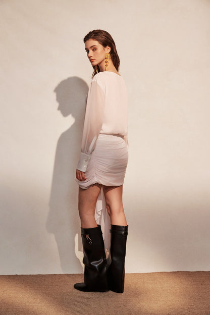 KINGWEN | White V-Neck Chiffon Shirt + White Ruched Skirt