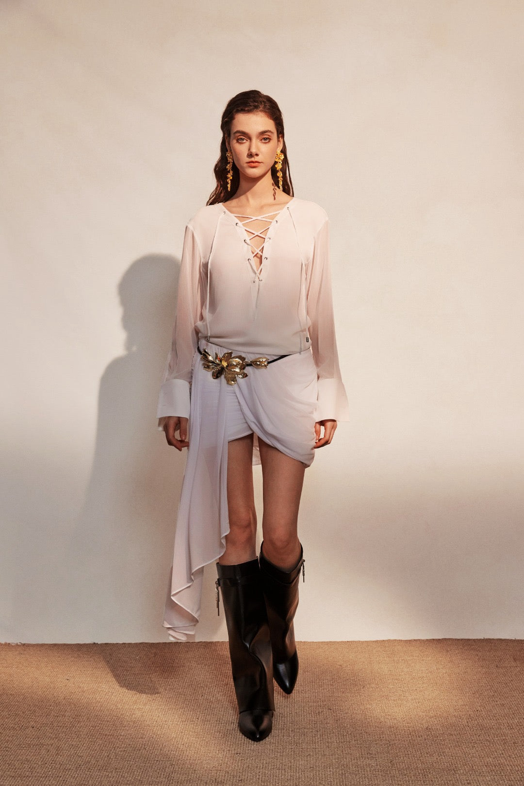 KINGWEN | White V-Neck Chiffon Shirt + White Ruched Skirt