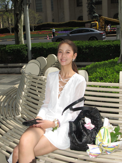 KINGWEN | White V-Neck Chiffon Shirt + White Ruched Skirt