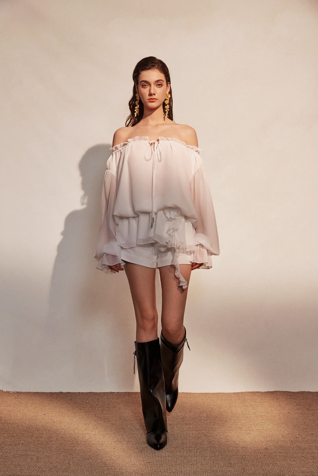KINGWEN | Off-Shoulder Shirt (2 Color)+ White Drawstrings Short