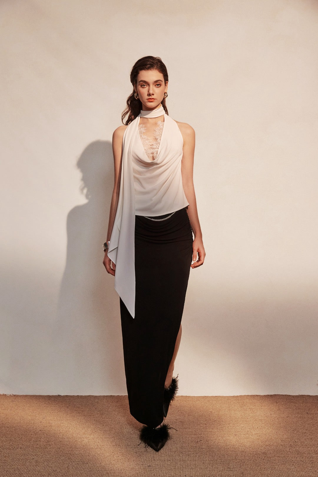 KINGWEN | Draped Lace Top + Pleated Long Skirt with Slit (Multiple Color)