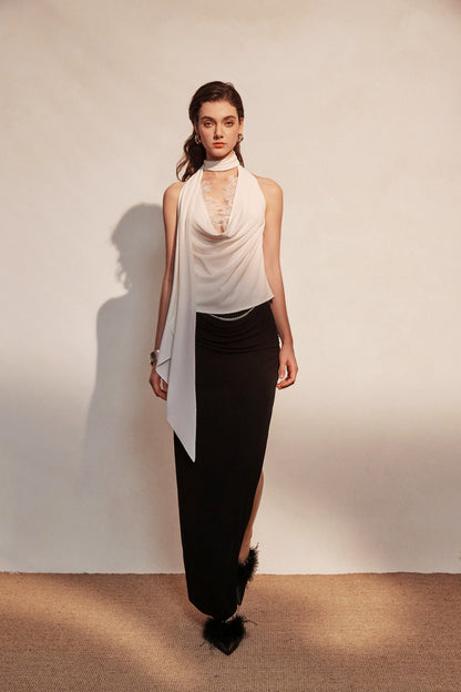 KINGWEN | Draped Lace Top + Pleated Long Skirt with Slit (Multiple Color)