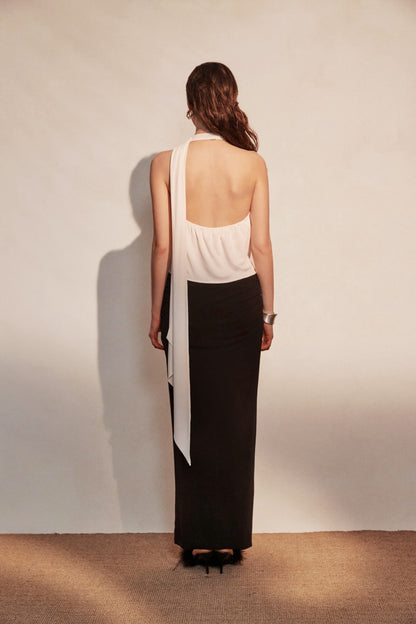 KINGWEN | Draped Lace Top + Pleated Long Skirt with Slit (Multiple Color)