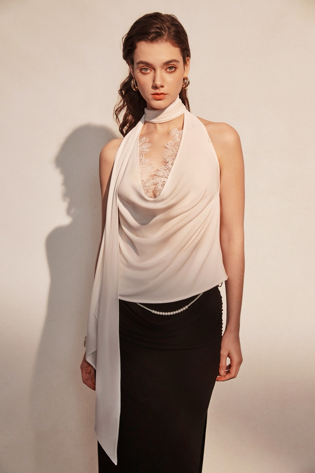 KINGWEN | Draped Lace Top + Pleated Long Skirt with Slit (Multiple Color)
