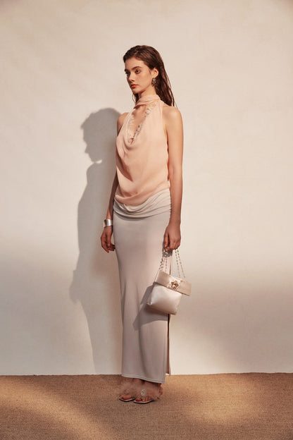 KINGWEN | Draped Lace Top + Pleated Long Skirt with Slit (Multiple Color)