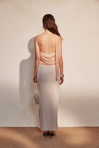 KINGWEN | Draped Lace Top + Pleated Long Skirt with Slit (Multiple Color)