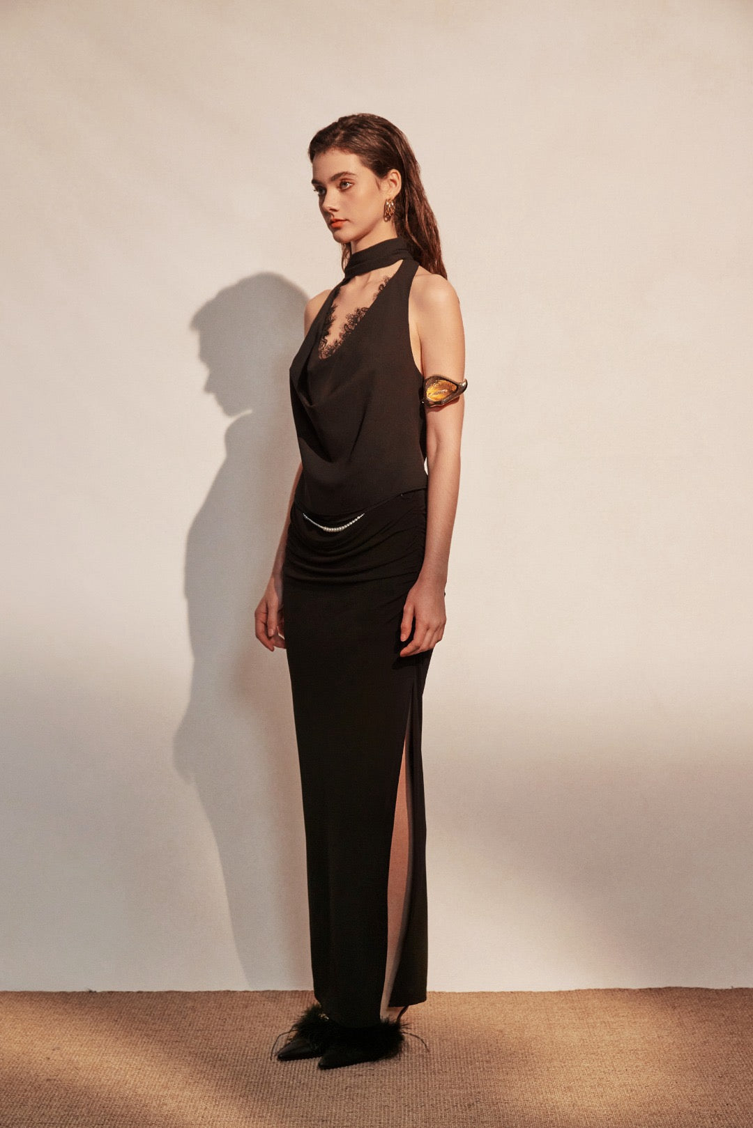 KINGWEN | Draped Lace Top + Pleated Long Skirt with Slit (Multiple Color)