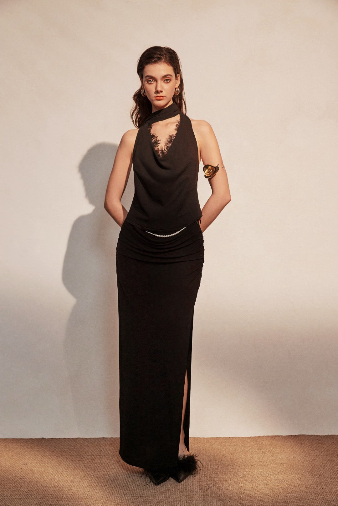 KINGWEN | Draped Lace Top + Pleated Long Skirt with Slit (Multiple Color)