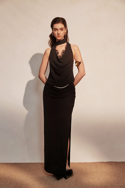 KINGWEN | Draped Lace Top + Pleated Long Skirt with Slit (Multiple Color)