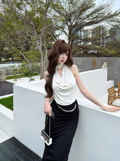 KINGWEN | Draped Lace Top + Pleated Long Skirt with Slit (Multiple Color)