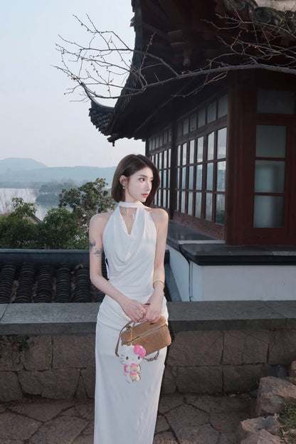 KINGWEN | Draped Lace Top + Pleated Long Skirt with Slit (Multiple Color)