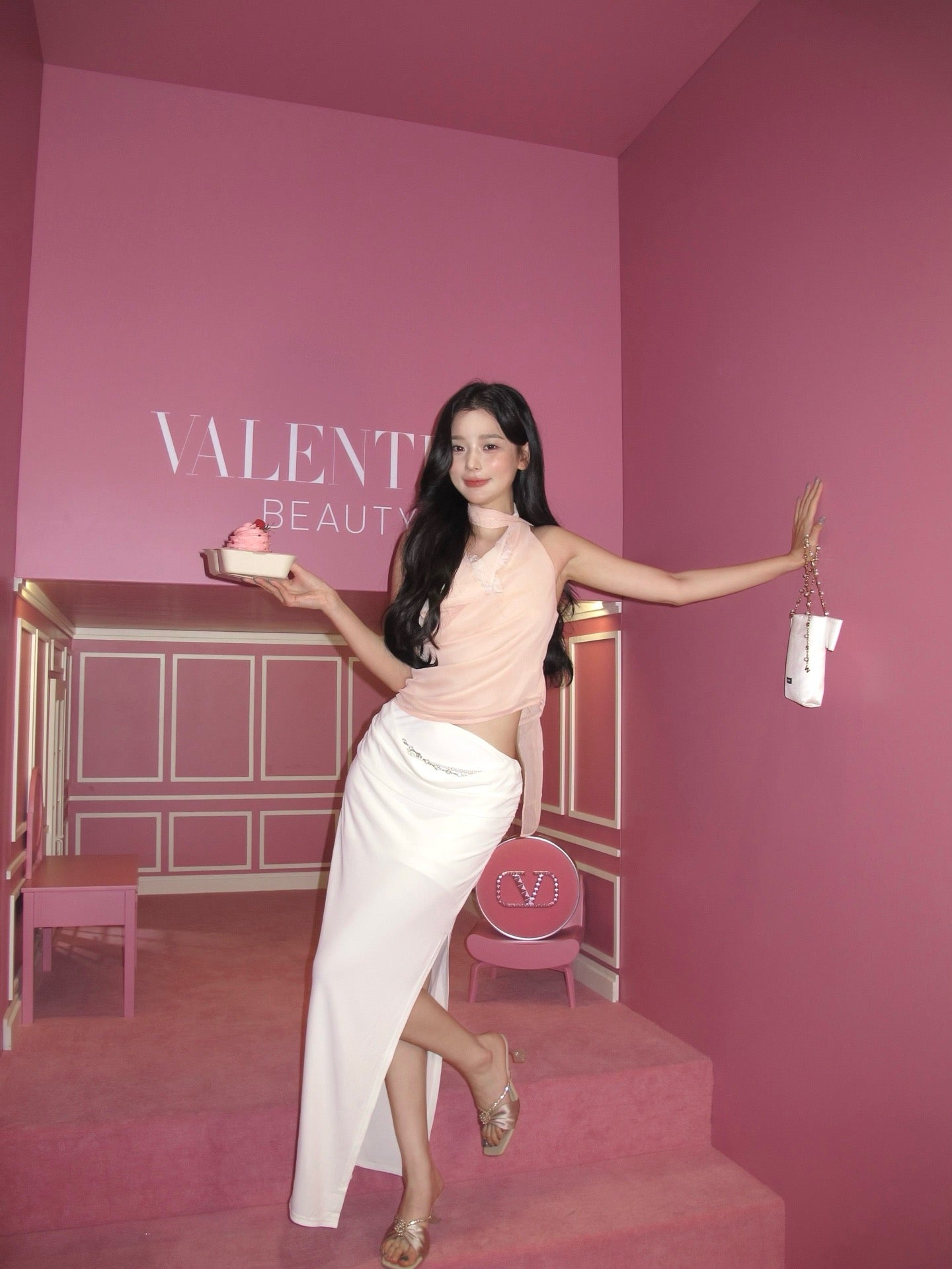 KINGWEN | Draped Lace Top + Pleated Long Skirt with Slit (Multiple Color)