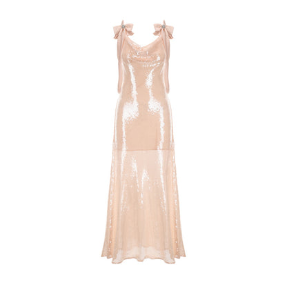 KINGWEN | Flesh Pink Bow Shoulder Maxi Dress
