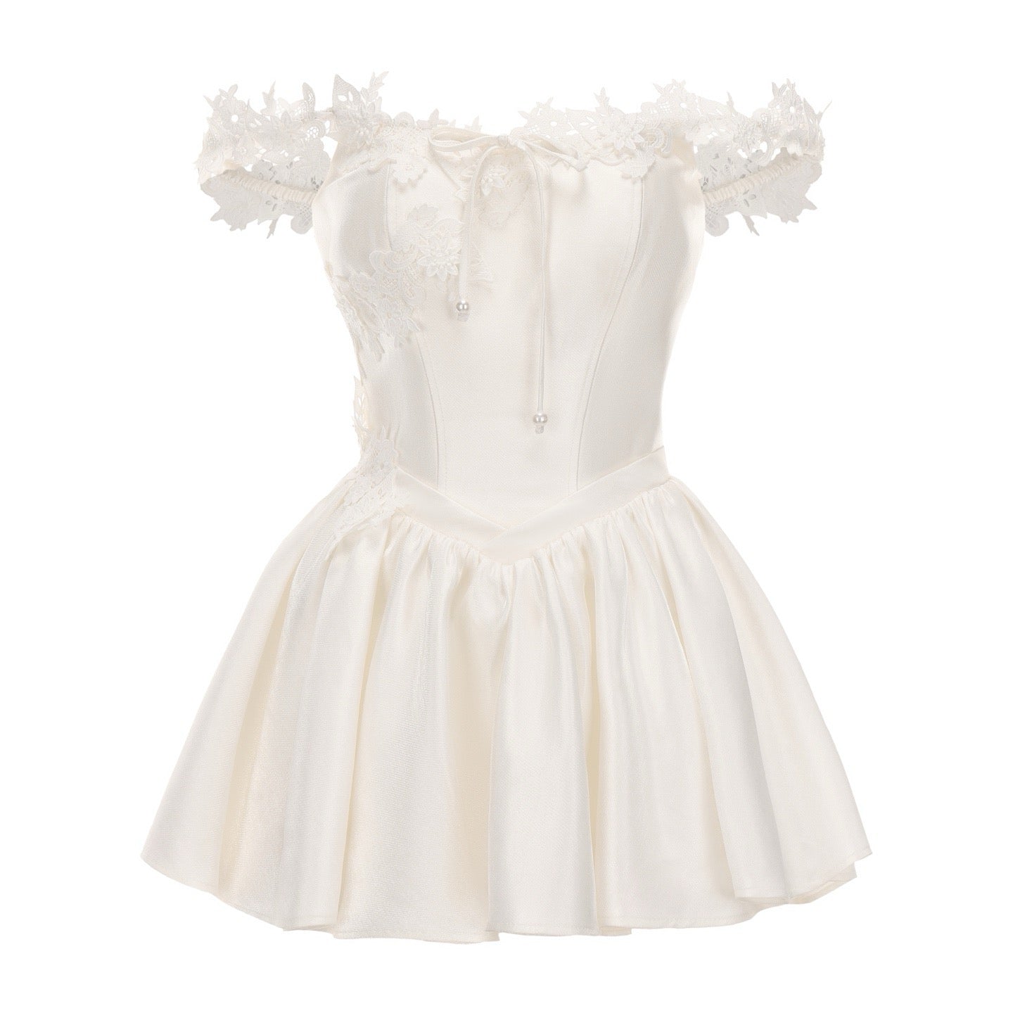 KINGWEN | Lace-Trimmed Off-Shoulder Satin Mini Dress