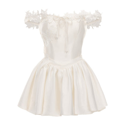 KINGWEN | Lace-Trimmed Off-Shoulder Satin Mini Dress