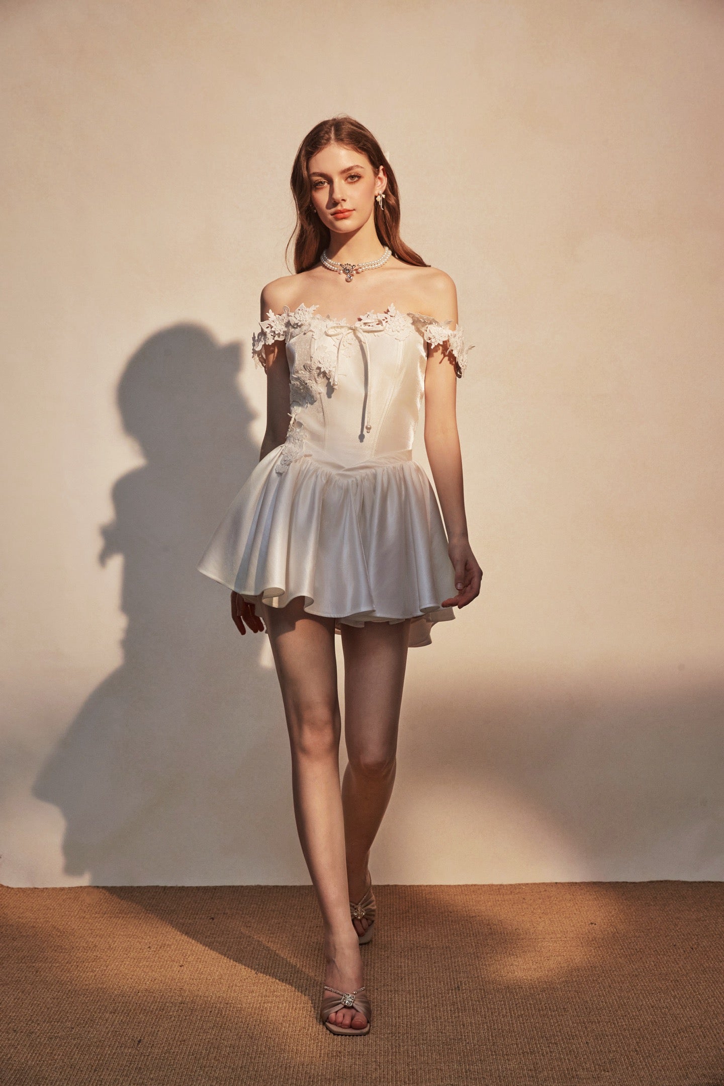 KINGWEN | Lace-Trimmed Off-Shoulder Satin Mini Dress