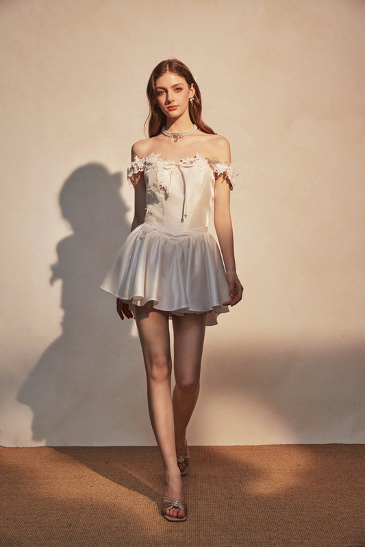 KINGWEN | Lace-Trimmed Off-Shoulder Satin Mini Dress
