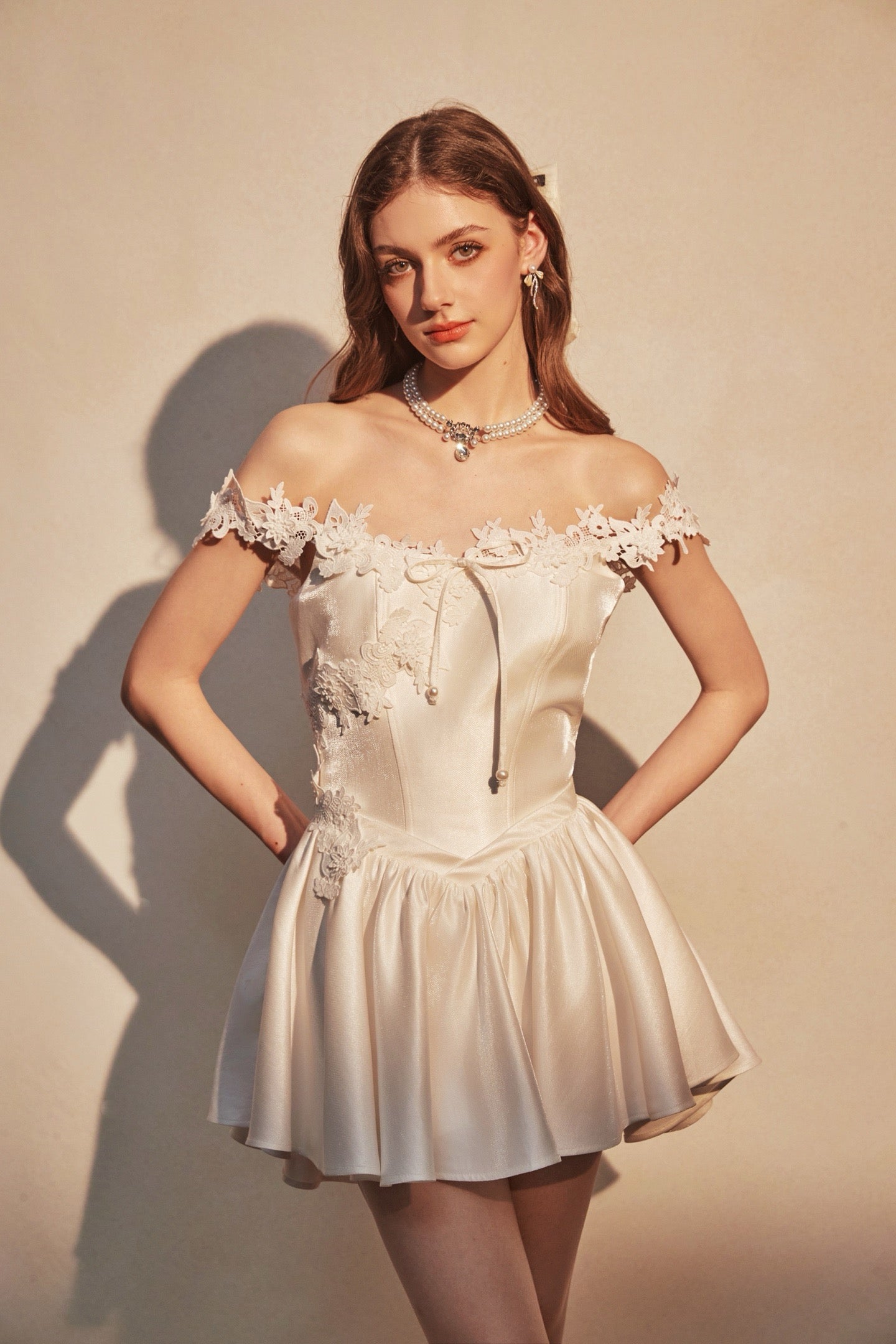 KINGWEN | Lace-Trimmed Off-Shoulder Satin Mini Dress