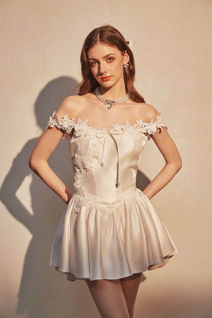 KINGWEN | Lace-Trimmed Off-Shoulder Satin Mini Dress