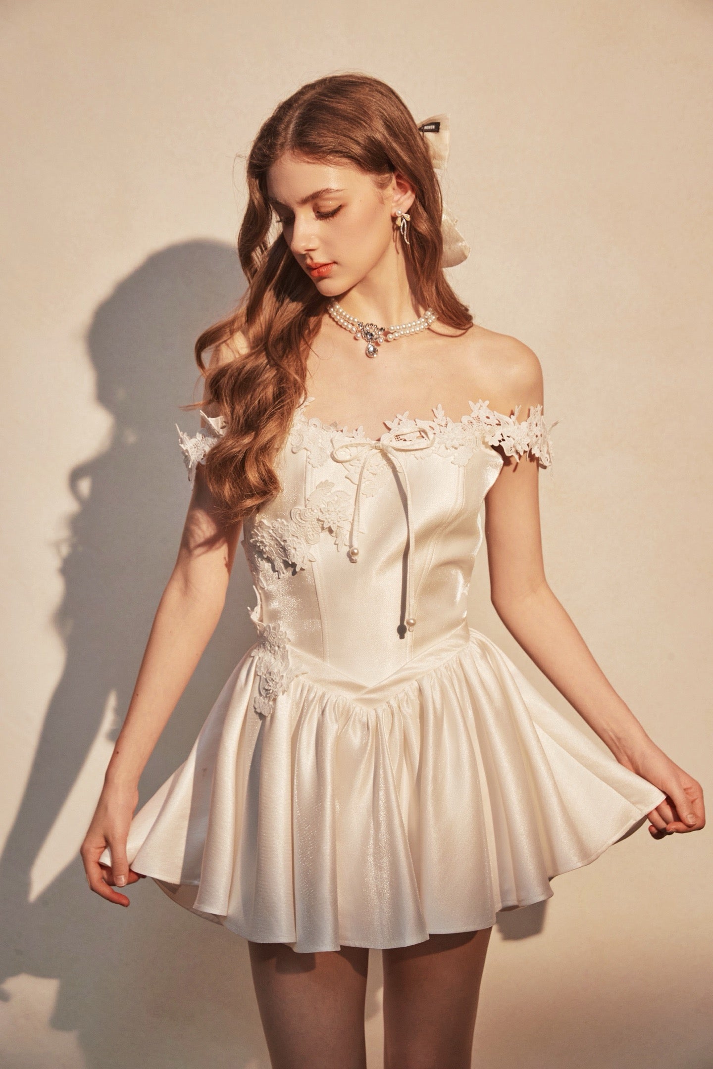 KINGWEN | Lace-Trimmed Off-Shoulder Satin Mini Dress