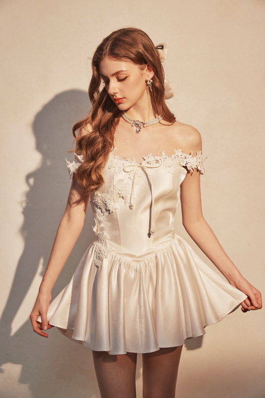 KINGWEN | Lace-Trimmed Off-Shoulder Satin Mini Dress