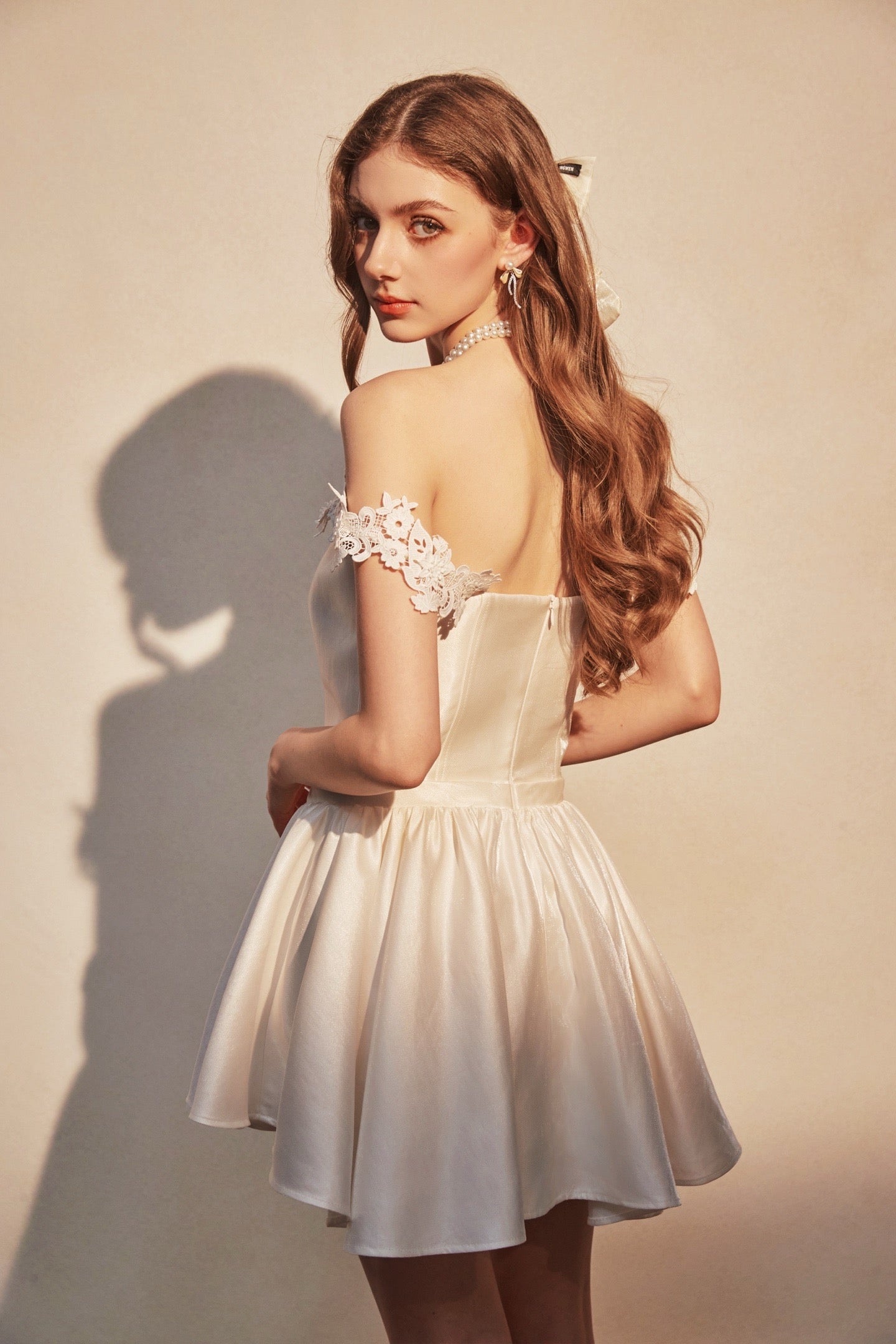 KINGWEN | Lace-Trimmed Off-Shoulder Satin Mini Dress