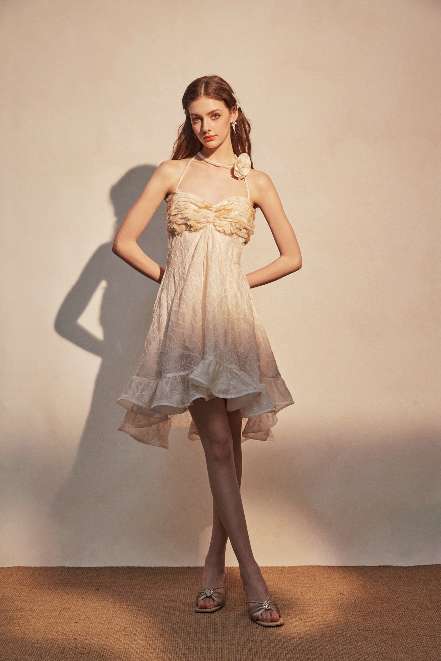 KINGWEN | Apricot Halter Neck Sequined Dress