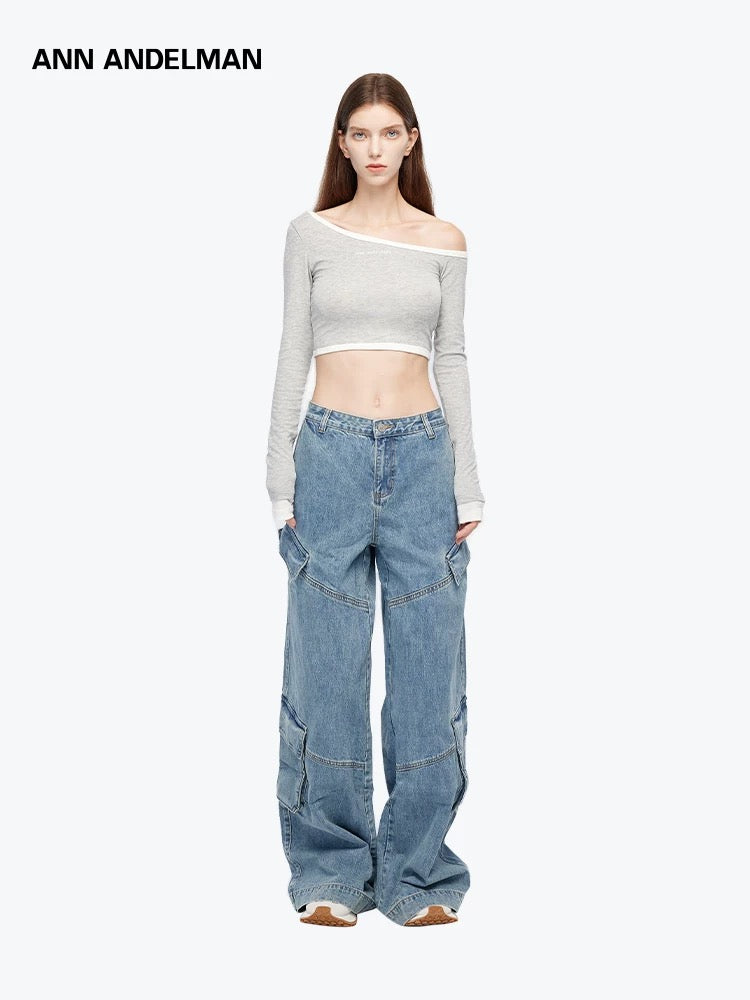 ANN ANDELMAN | Grey Asymmetric Off-Shoulder Long-Sleeve Top