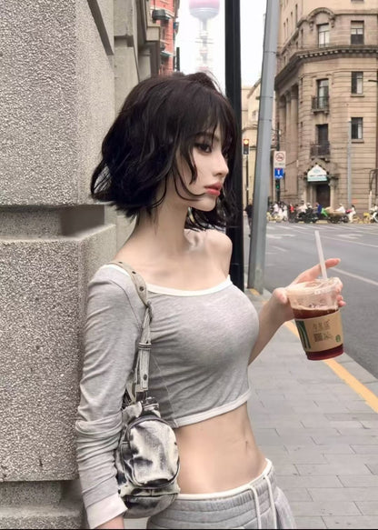 ANN ANDELMAN | Grey Asymmetric Off-Shoulder Long-Sleeve Top
