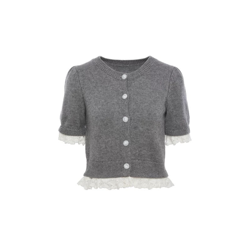 ROCHA ROMA | Grey Detachable Lace-Trim Knitwear Set (Cardigan+Tank Top+Skirt)
