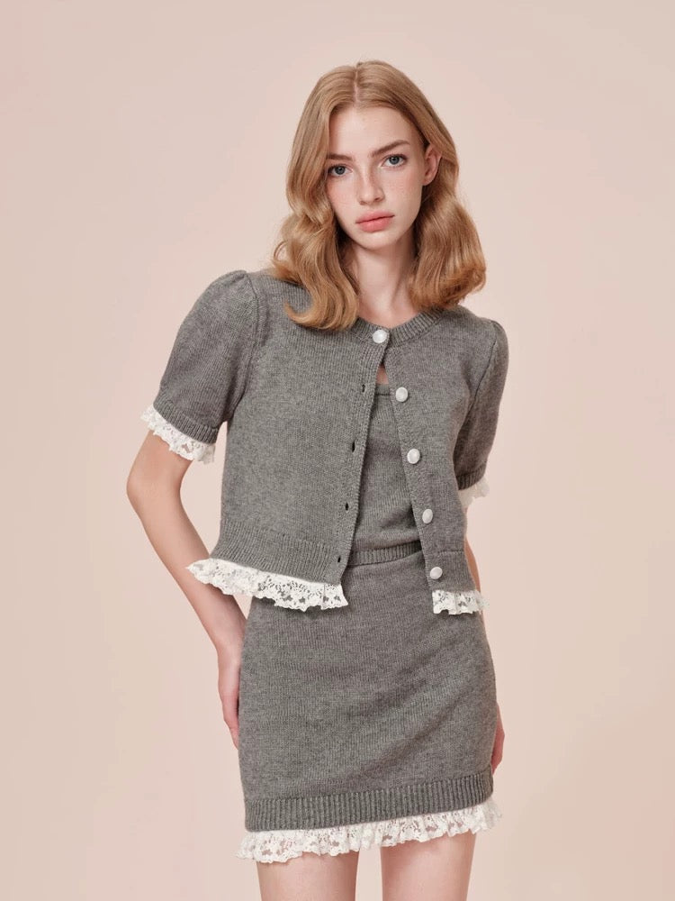 ROCHA ROMA | Grey Detachable Lace-Trim Knitwear Set (Cardigan+Tank Top+Skirt)