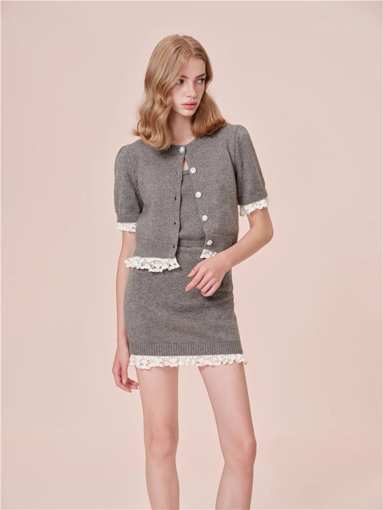 ROCHA ROMA | Grey Detachable Lace-Trim Knitwear Set (Cardigan+Tank Top+Skirt)