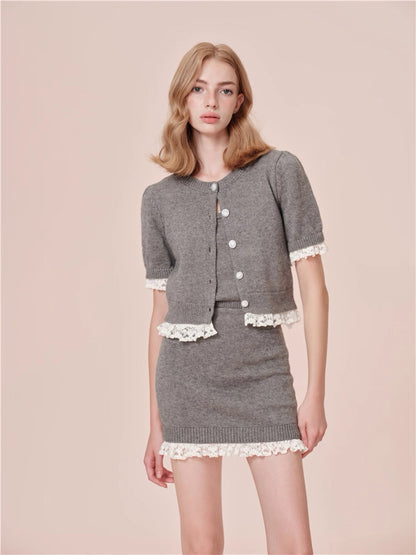 ROCHA ROMA | Grey Detachable Lace-Trim Knitwear Set (Cardigan+Tank Top+Skirt)