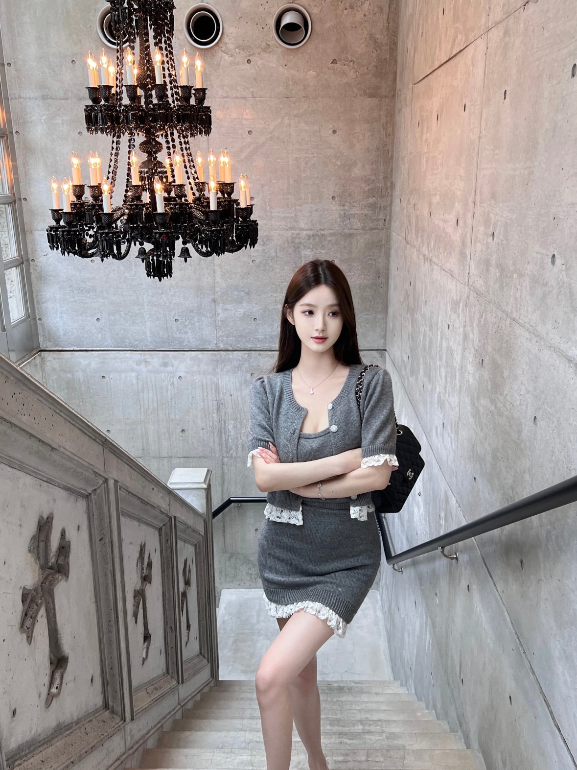 ROCHA ROMA | Grey Detachable Lace-Trim Knitwear Set (Cardigan+Tank Top+Skirt)
