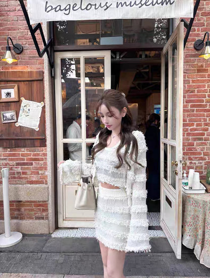 ROCHA ROMA | Striped Fringe Knit Set (Cardigan+Tank Top+Skirt)