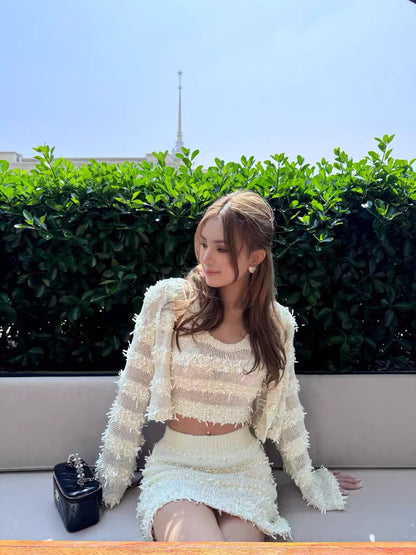 ROCHA ROMA | Striped Fringe Knit Set (Cardigan+Tank Top+Skirt)