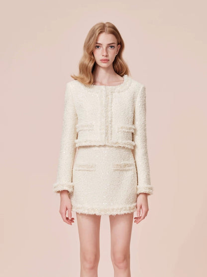 ROCHA ROMA | White Tweed Set with Sequins (Jacket+Mini Skirt)