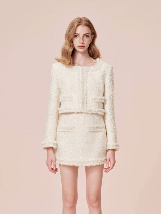 ROCHA ROMA | White Tweed Set with Sequins (Jacket+Mini Skirt)