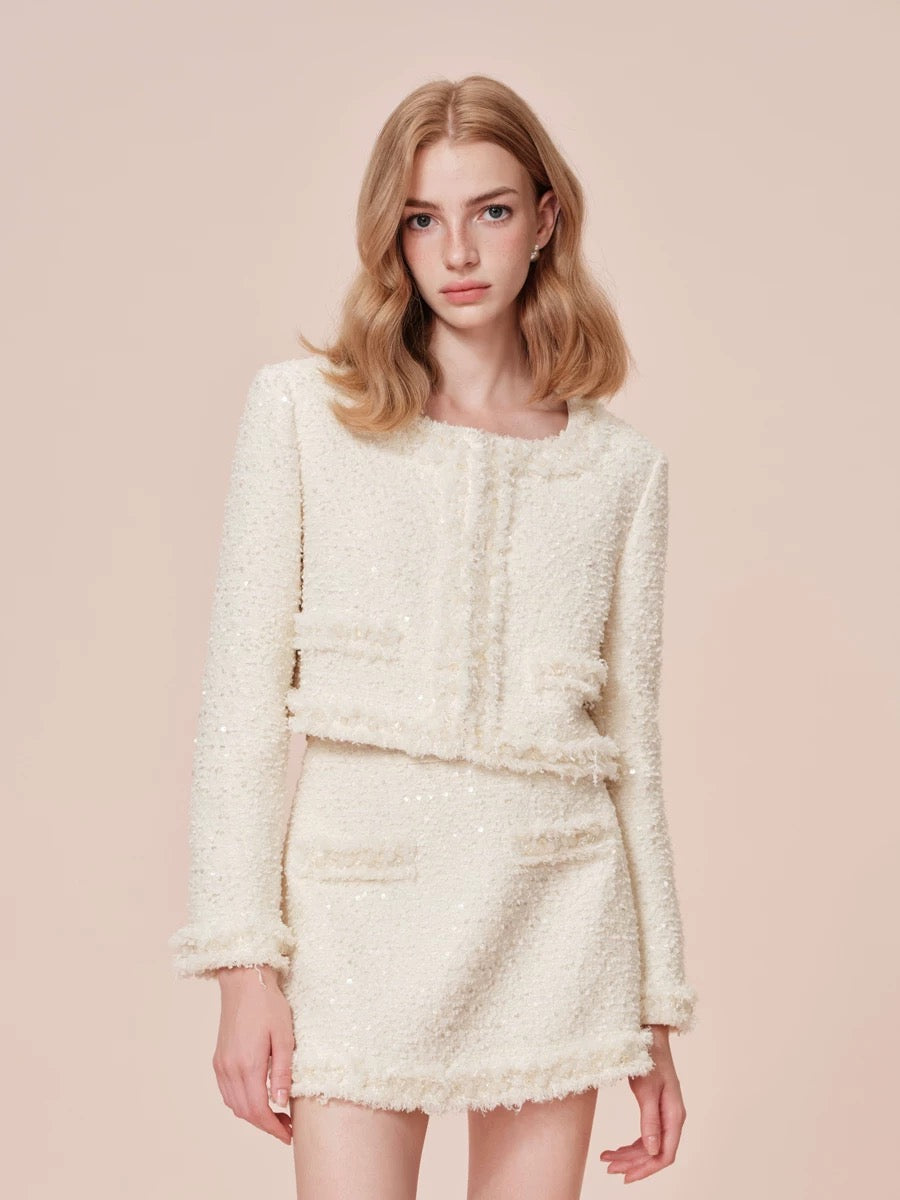 ROCHA ROMA | White Tweed Set with Sequins (Jacket+Mini Skirt)