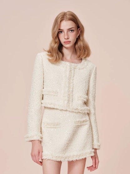 ROCHA ROMA | White Tweed Set with Sequins (Jacket+Mini Skirt)