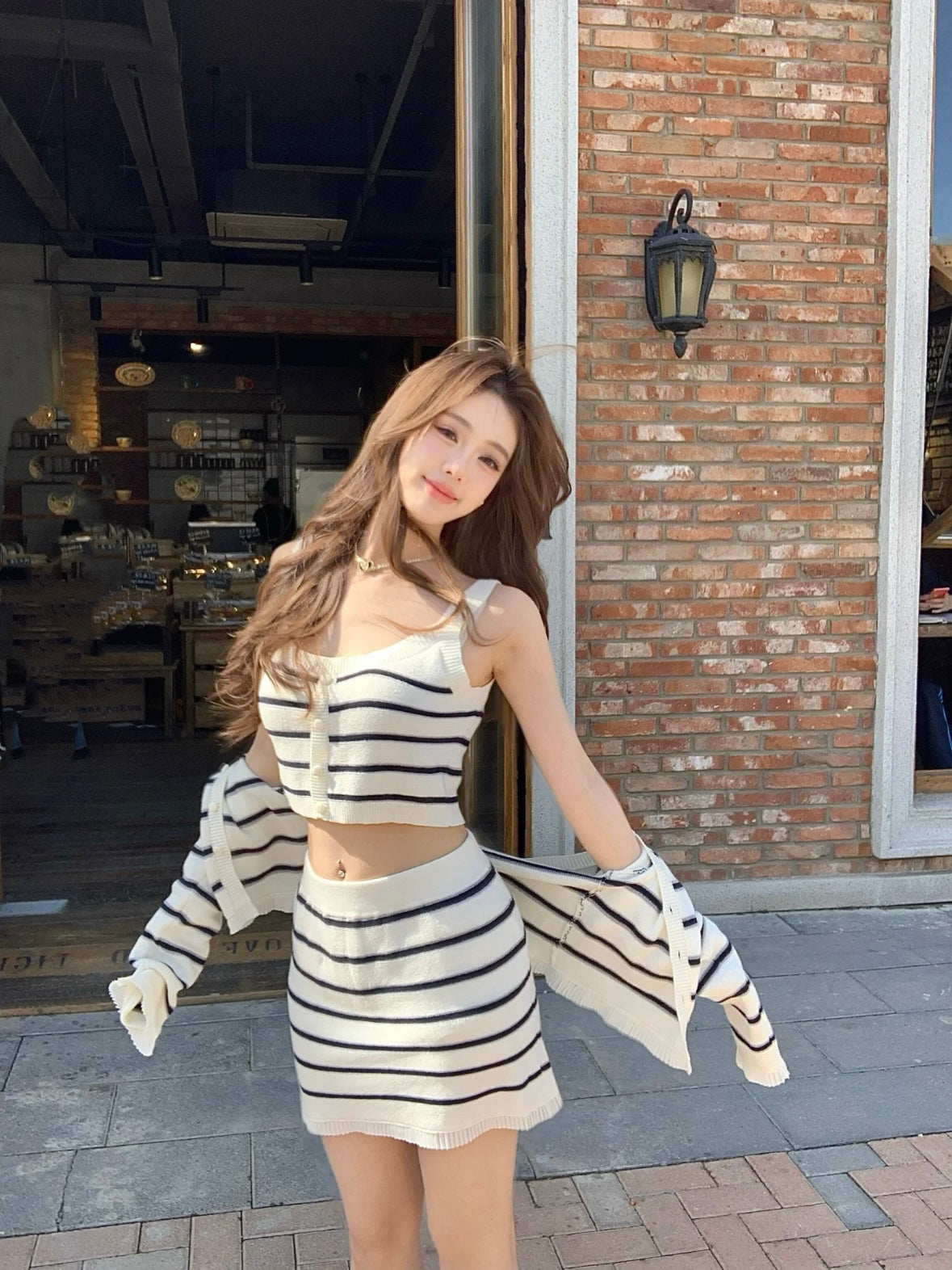ROCHA ROMA | Striped Knit Set (Cardigan+Tank Top+Skirt)