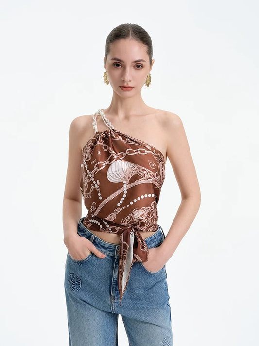 ROCHA ROMA | Pearl Strap Printed Scarf Top