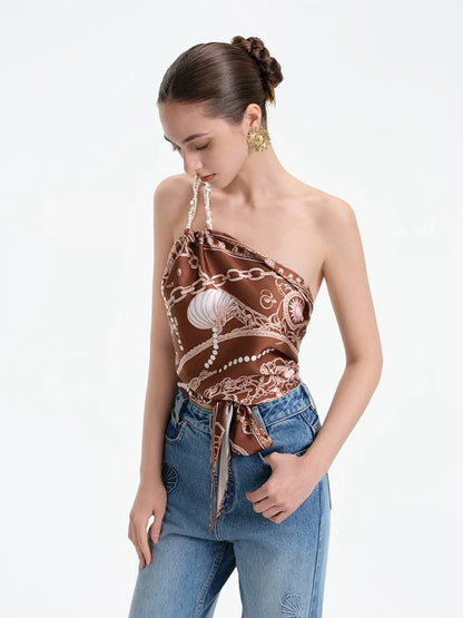 ROCHA ROMA | Pearl Strap Printed Scarf Top