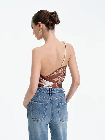 ROCHA ROMA | Pearl Strap Printed Scarf Top