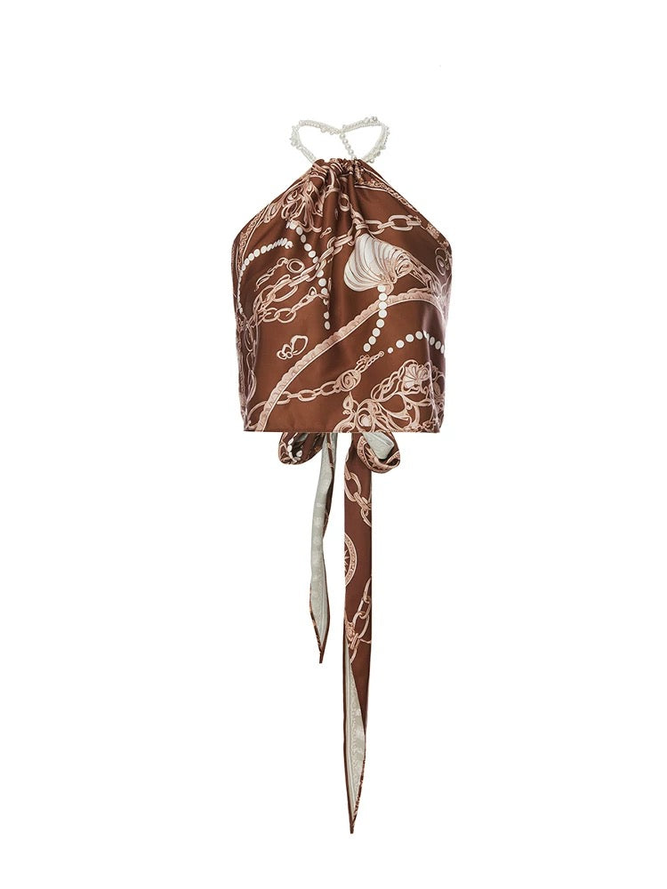 ROCHA ROMA | Pearl Strap Printed Scarf Top