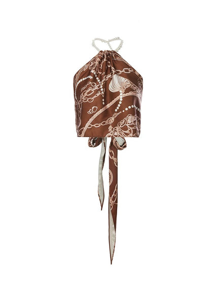 ROCHA ROMA | Pearl Strap Printed Scarf Top
