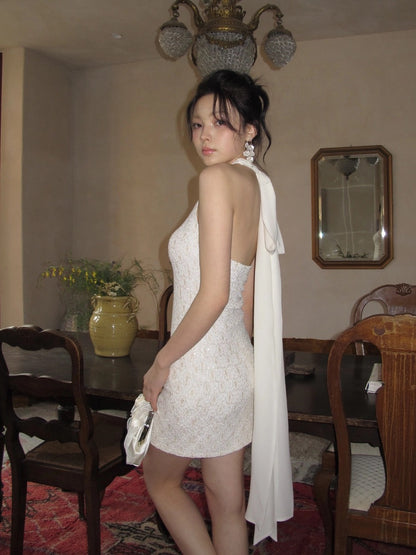 J TheChosen | Textured Lace Chiffon Tie Halter Dress