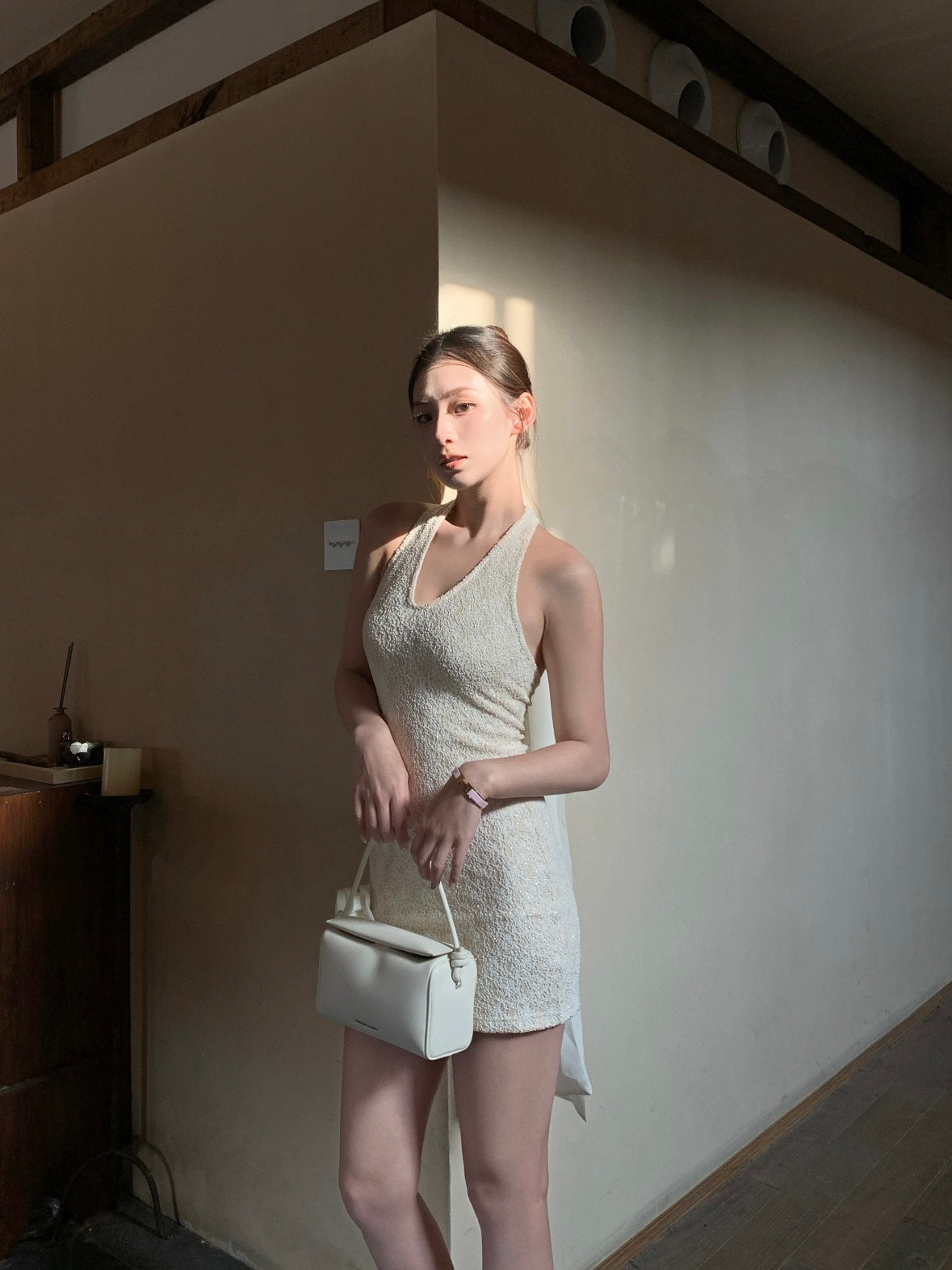 J TheChosen | Textured Lace Chiffon Tie Halter Dress