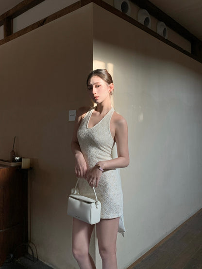 J TheChosen | Textured Lace Chiffon Tie Halter Dress