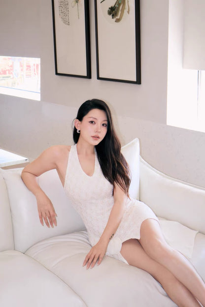 J TheChosen | Textured Lace Chiffon Tie Halter Dress